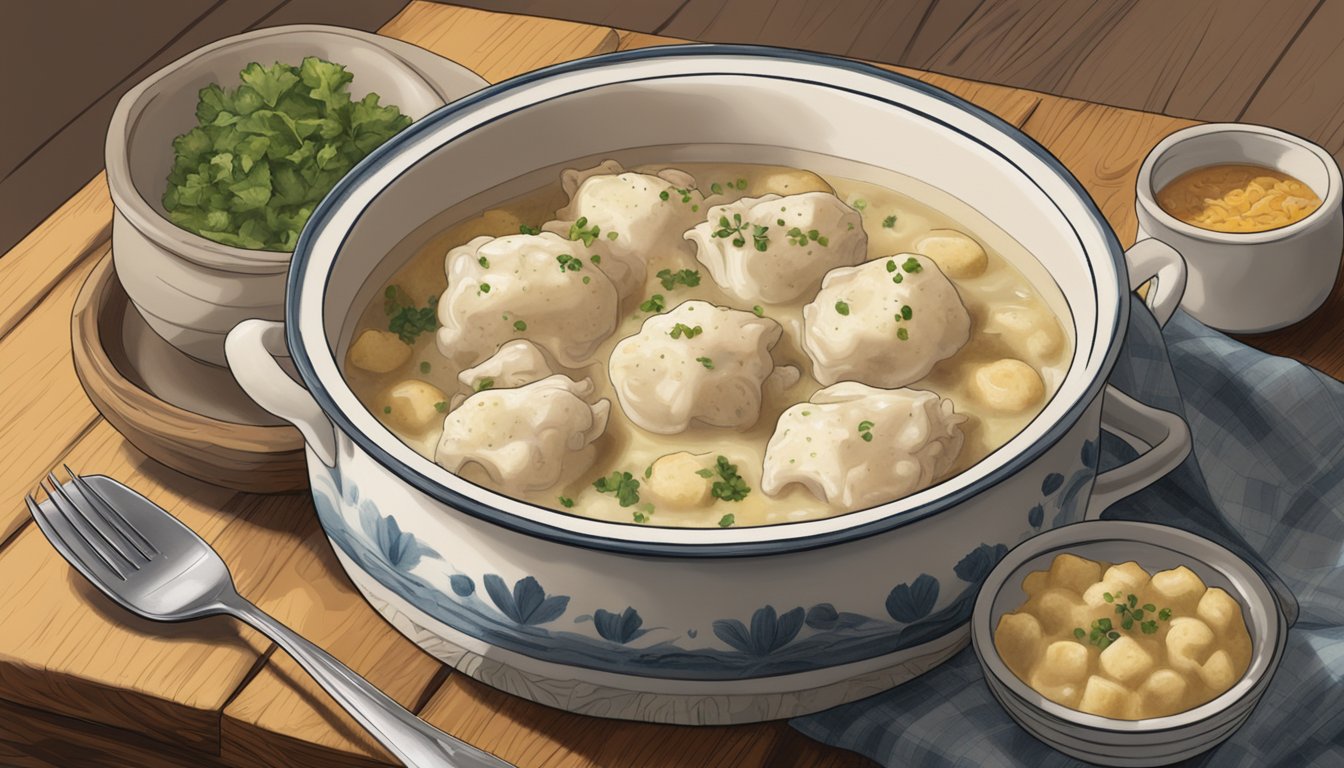 A steaming bowl of chicken and dumplings sits on a kitchen table, with a fork resting beside it