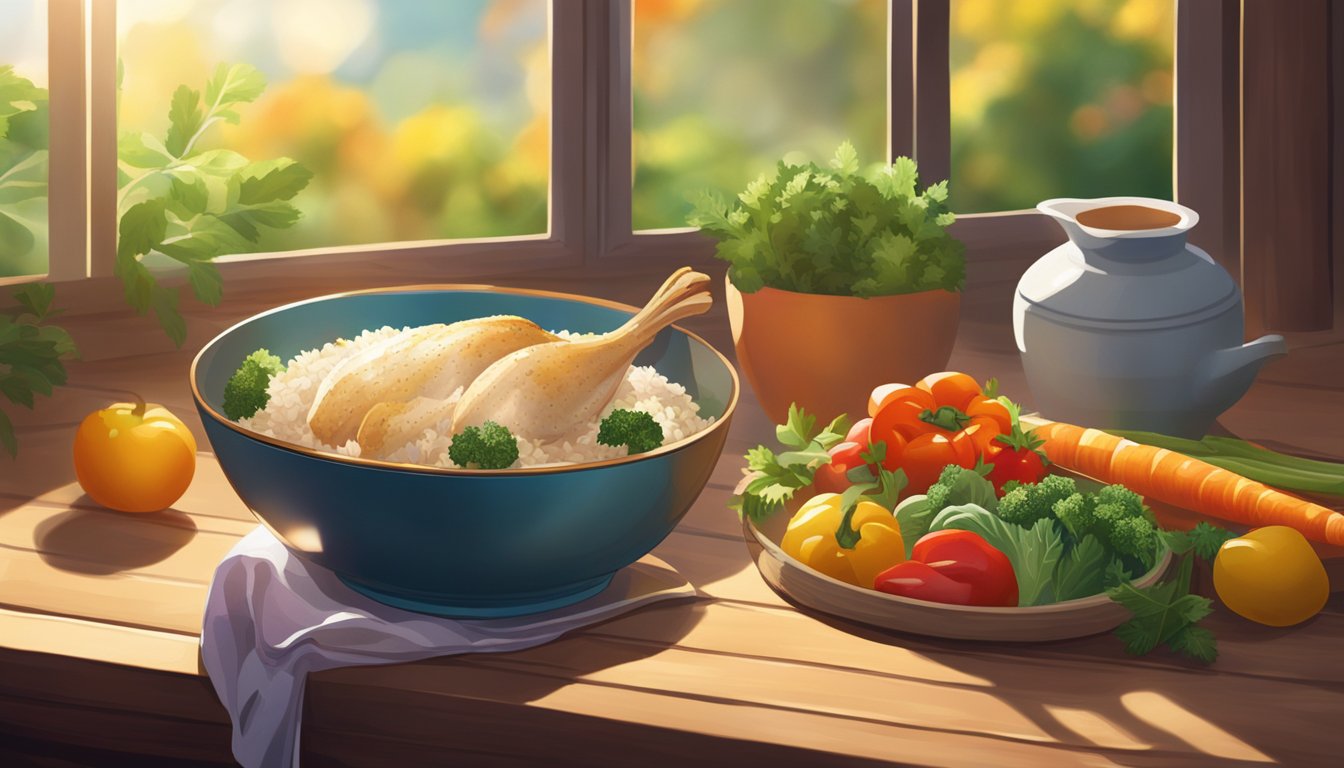 A steaming chicken and rice bowl sits on a wooden table, surrounded by colorful vegetables and herbs. Sunlight filters through a window, casting a warm glow on the dish