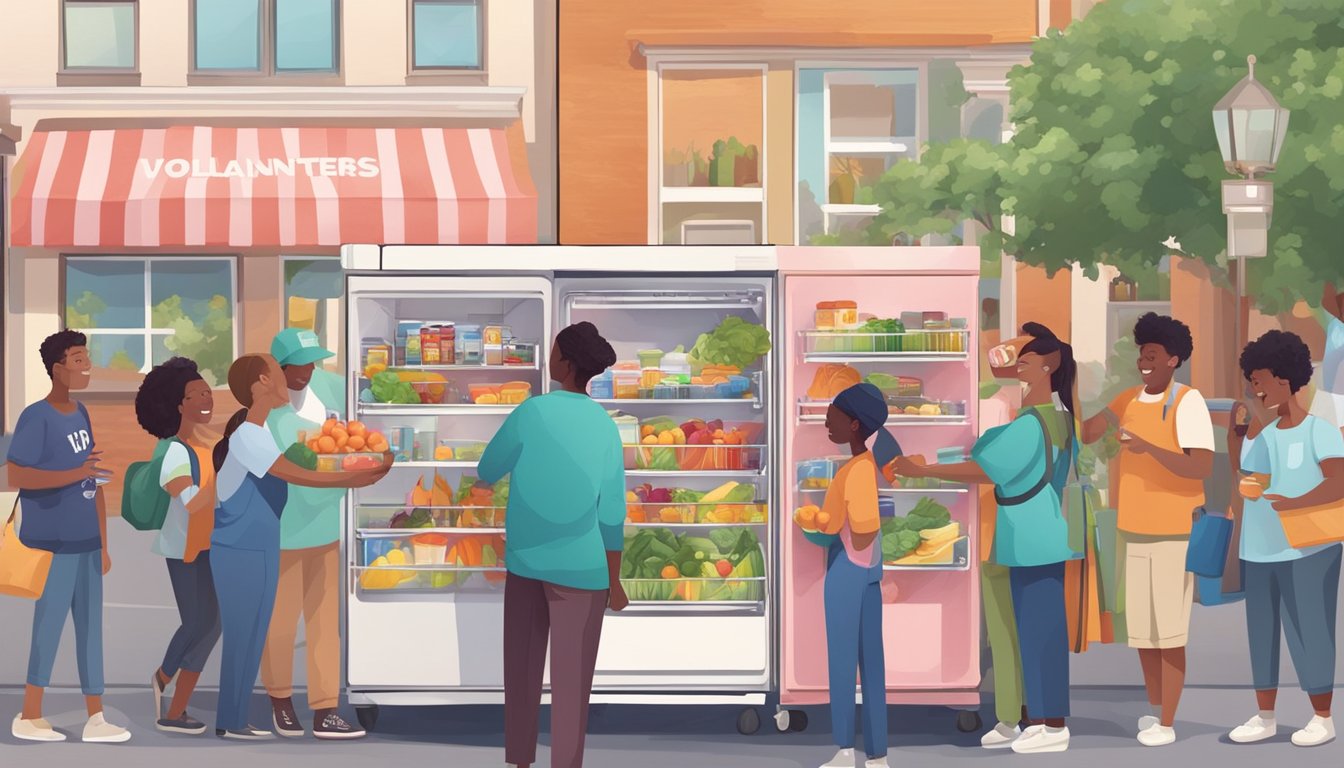 A group of volunteers stock a colorful local community fridge in a bustling neighborhood, surrounded by smiling faces and diverse food donations