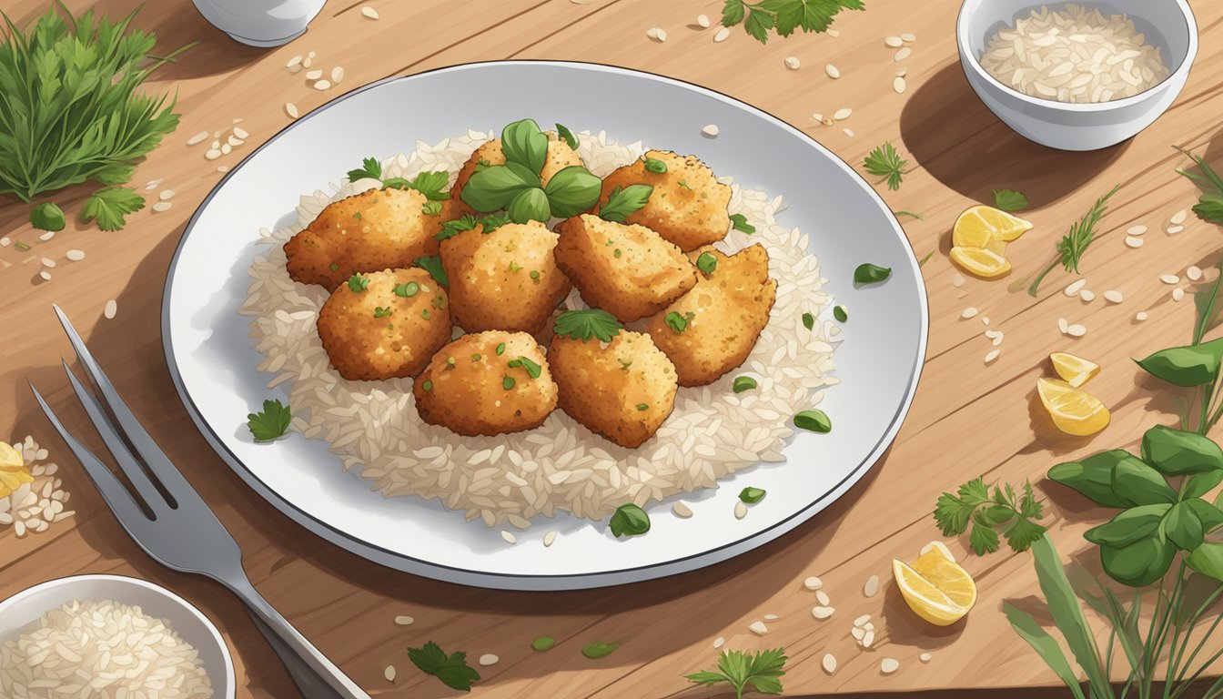 A plate of chicken and rice bites sits on a wooden cutting board, surrounded by scattered grains of rice and a few scattered herbs