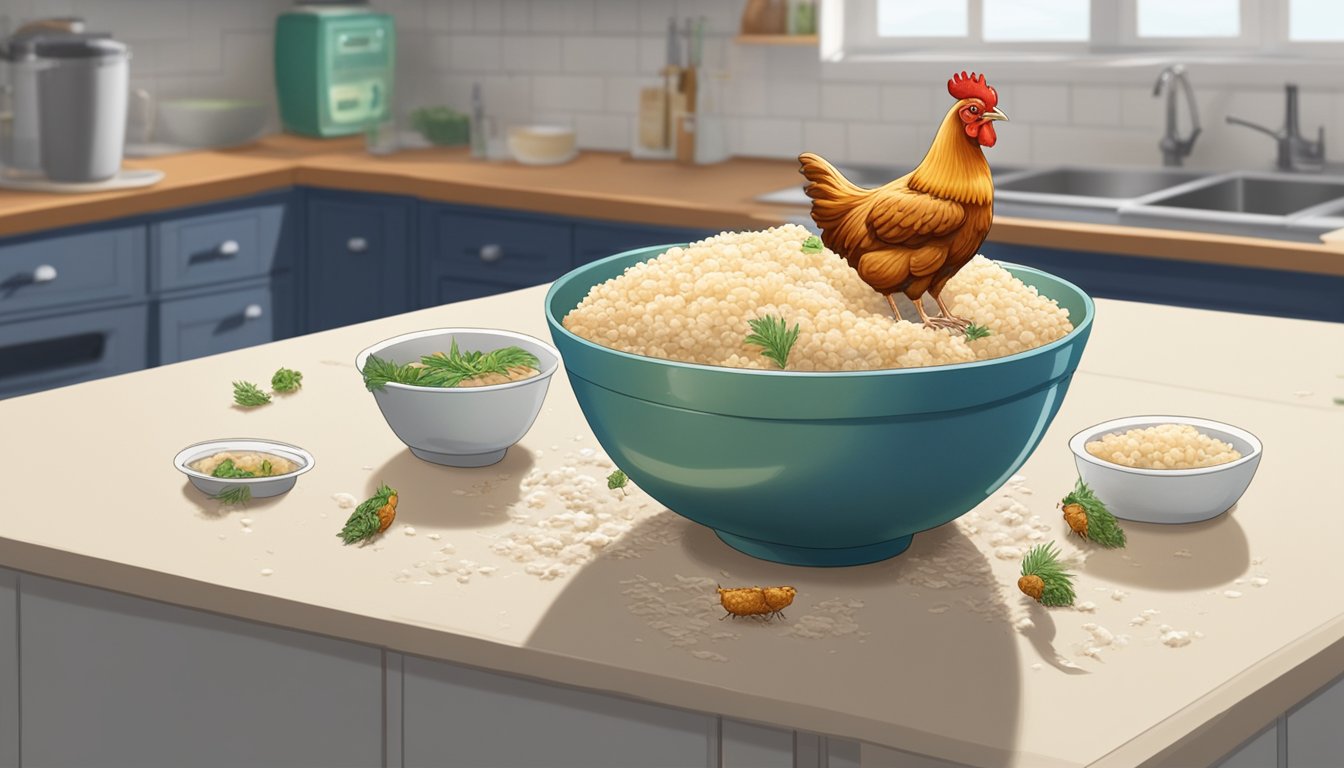 A chicken and rice bowl sits on a kitchen counter, surrounded by flies and emitting a foul odor. Mold is visible on the food