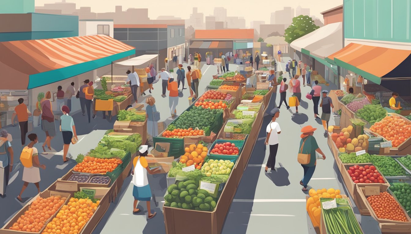 A bustling local market with fresh produce and a community fridge stocked with surplus food