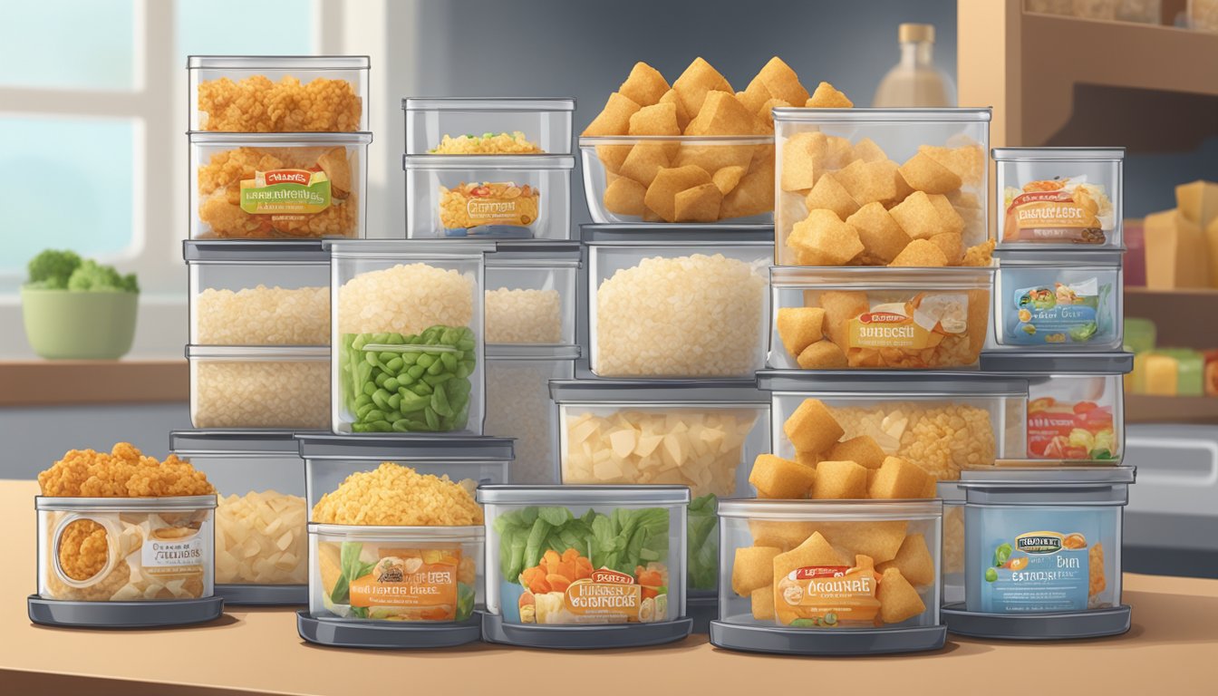 A container of chicken and rice bites sits on a shelf, surrounded by other food items. The bites are sealed in airtight packaging to maintain freshness