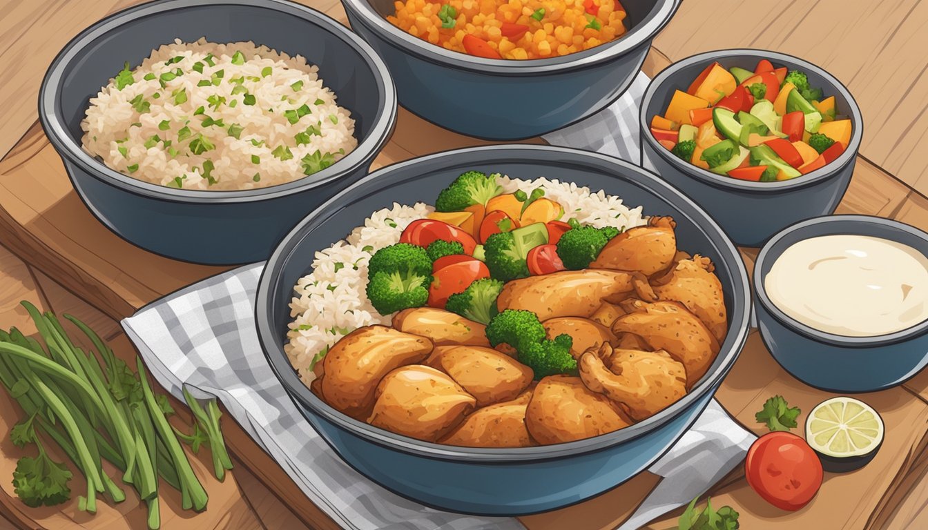 A colorful bowl of chicken and rice with fresh vegetables, set on a wooden table next to a stack of meal prep containers