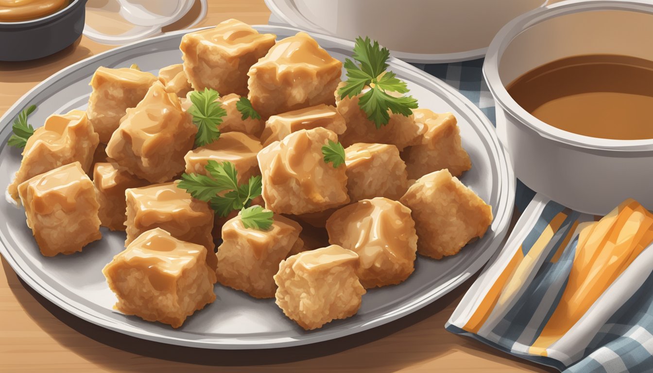 A plate of chicken and gravy bites sits on a countertop next to a sealed container. The food appears fresh and appetizing