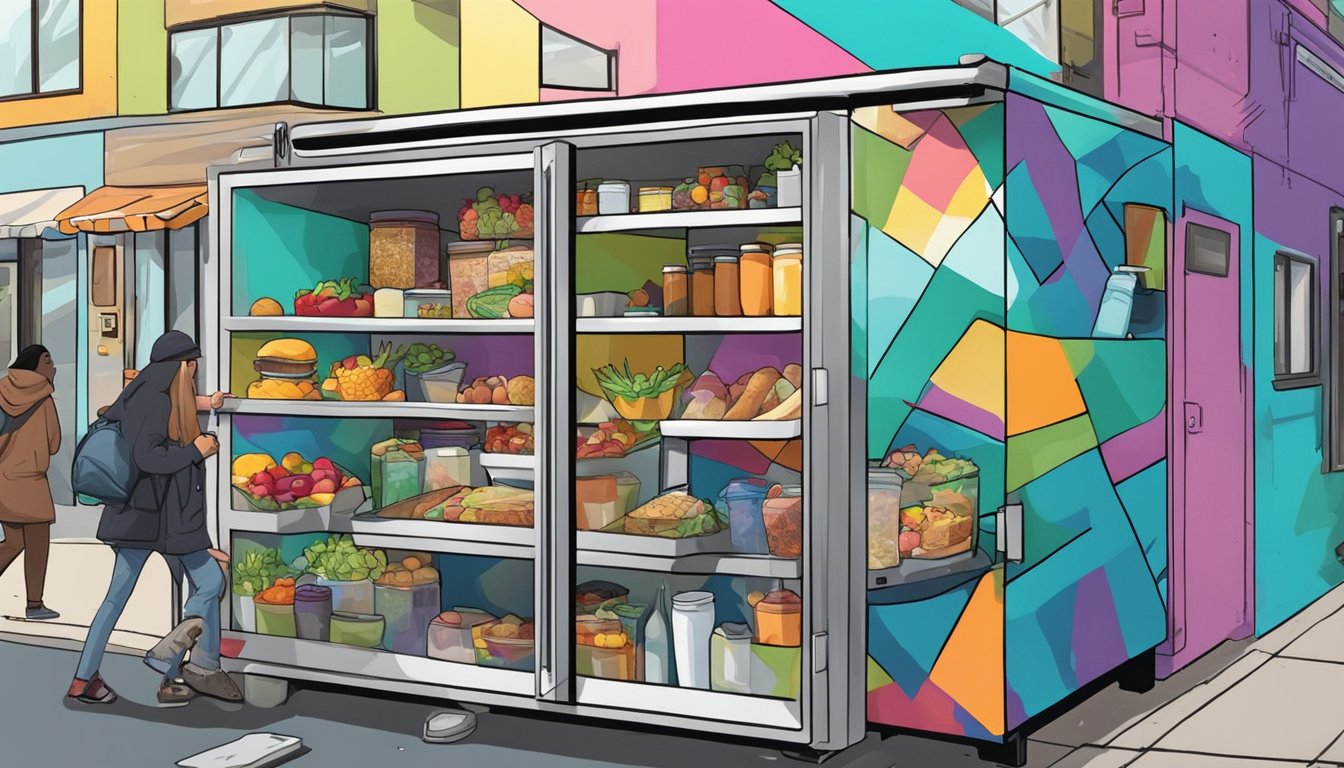 A person placing food inside a colorful, graffiti-covered community fridge in a bustling urban neighborhood