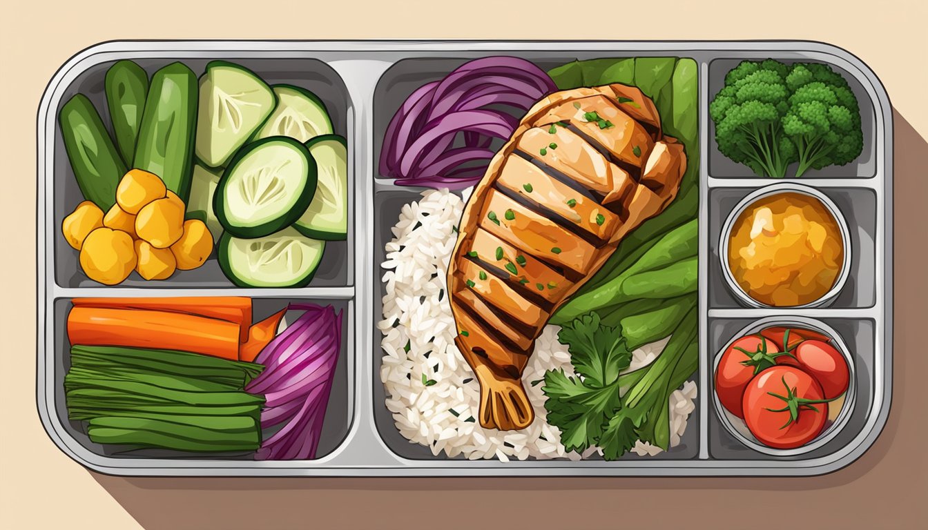 A colorful array of fresh vegetables, grilled chicken, and steaming rice arranged in separate compartments of a meal prep container