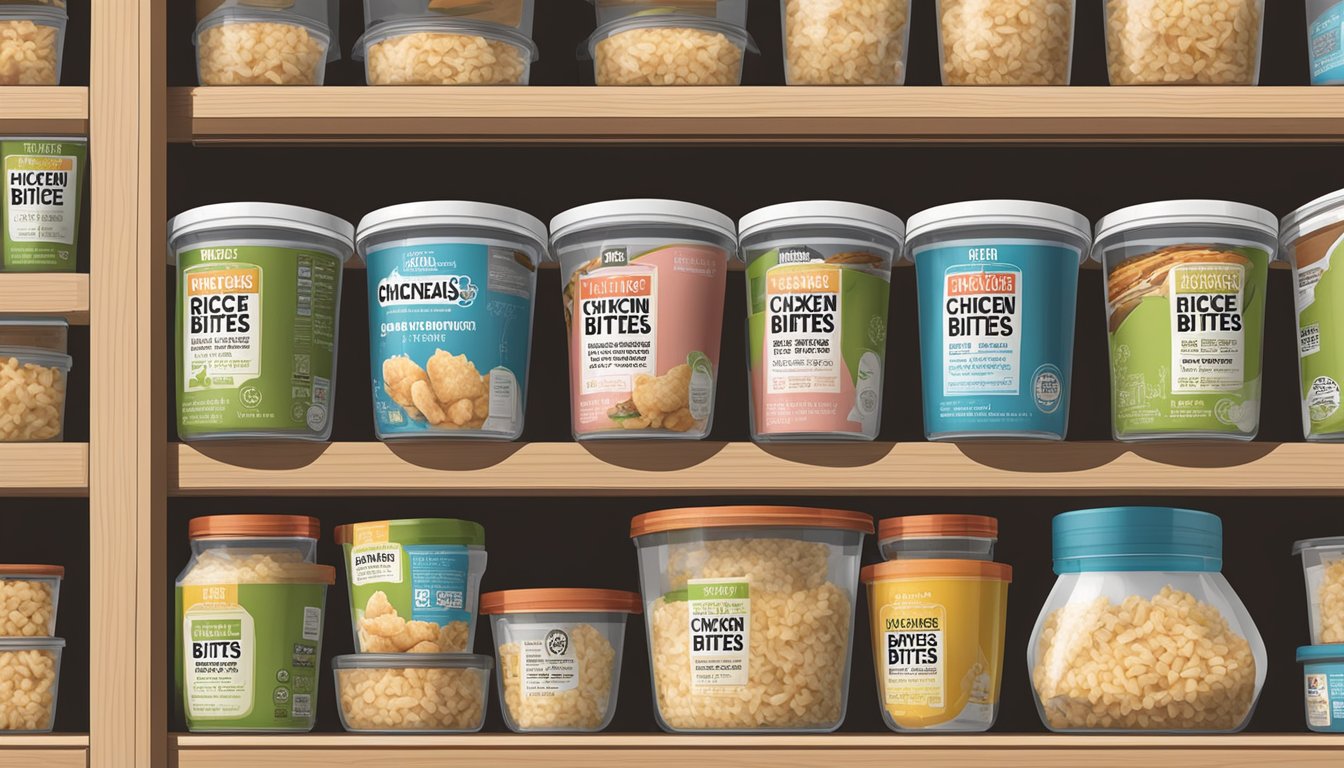 A sealed container of chicken and rice bites sits on a shelf, surrounded by various expiration date labels and storage instructions