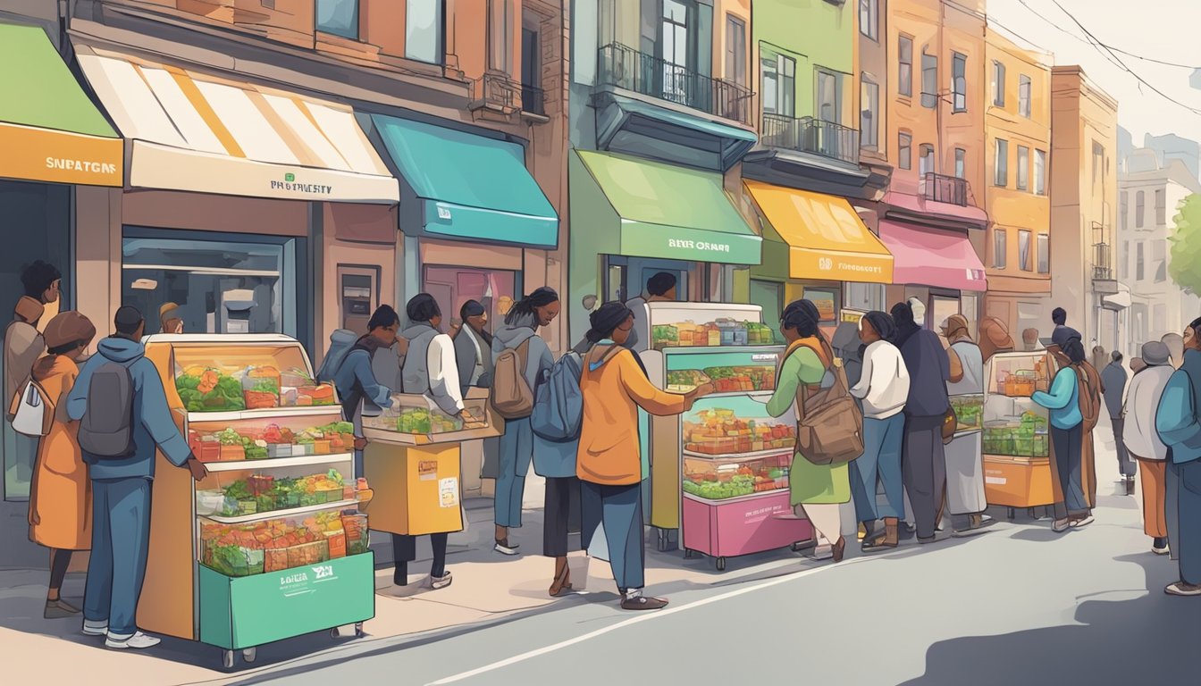 A bustling city street with a colorful community fridge surrounded by people donating and receiving food. Signs and posters promote support and funding