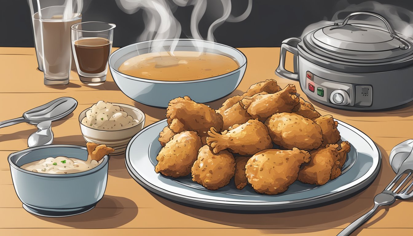 A plate of chicken and gravy bites sits on a table with steam rising from them, surrounded by serving utensils and a timer set for reheating