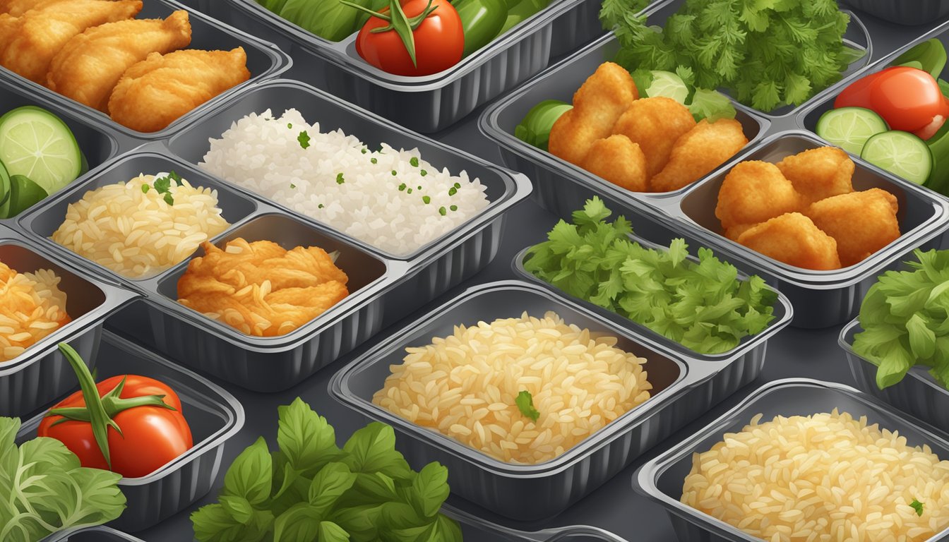 A row of chicken and rice bites in airtight containers, surrounded by fresh vegetables and herbs