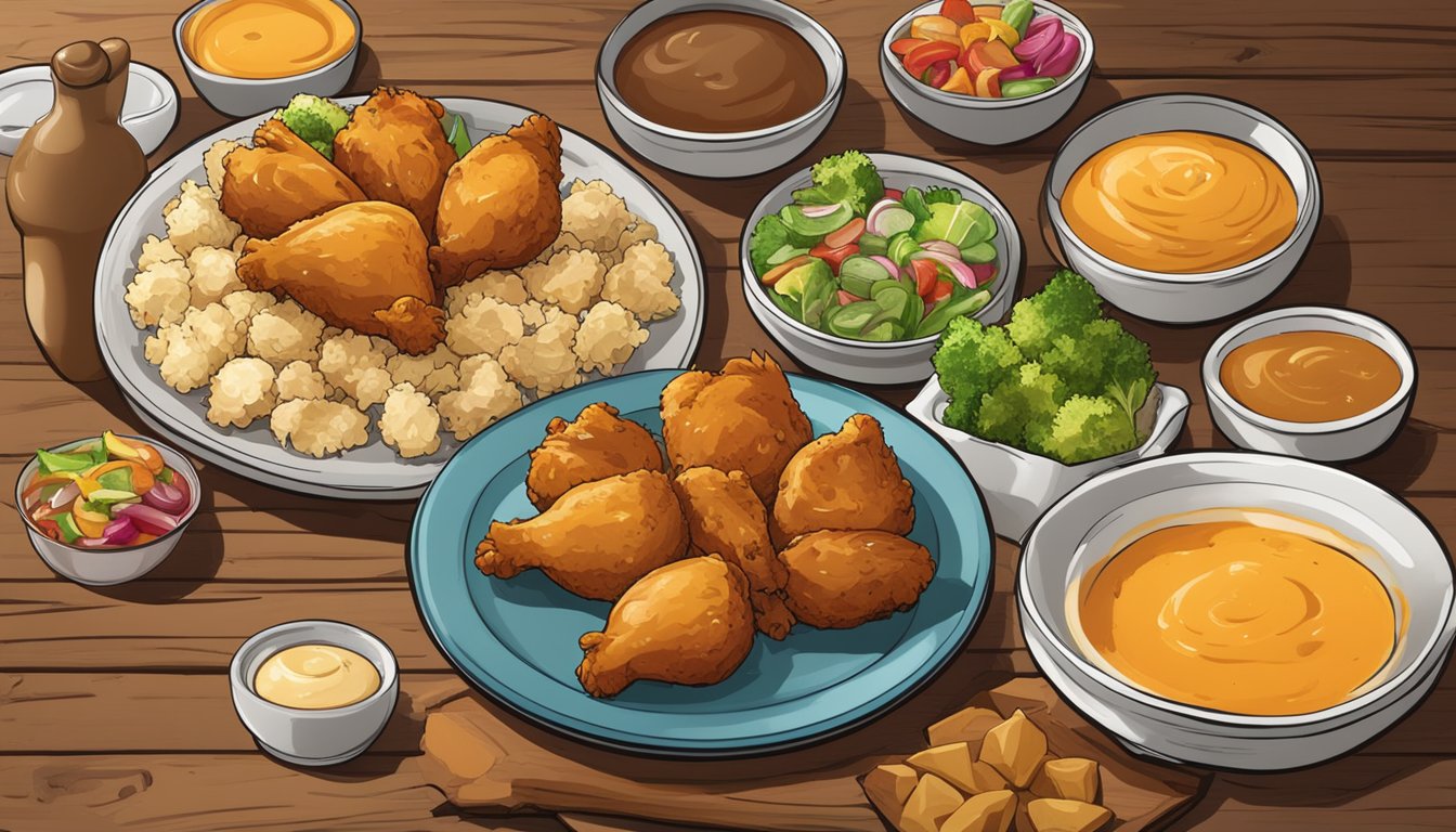 A plate of golden-brown chicken and gravy bites sits on a rustic wooden table, surrounded by a variety of colorful side dishes and condiments