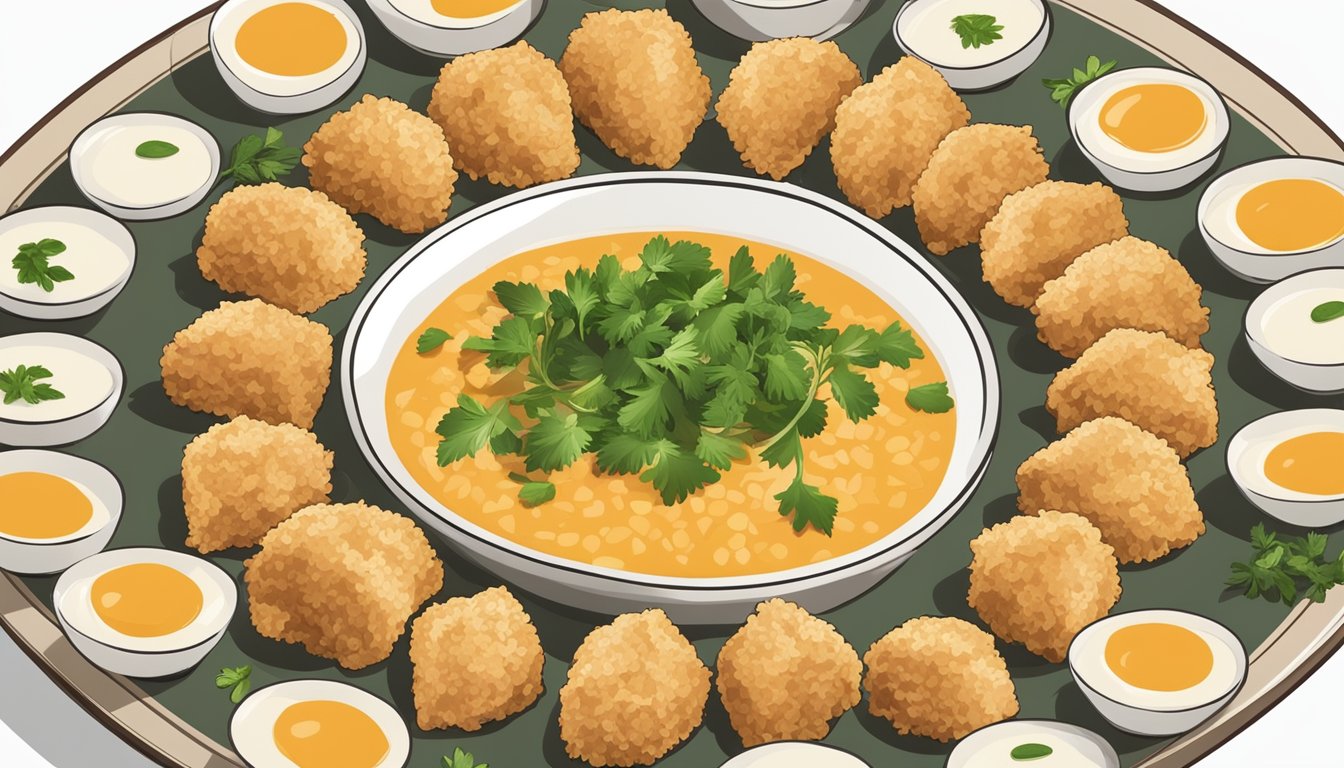 A plate of chicken and rice bites arranged in a circular pattern, garnished with fresh herbs and served with a side of dipping sauce