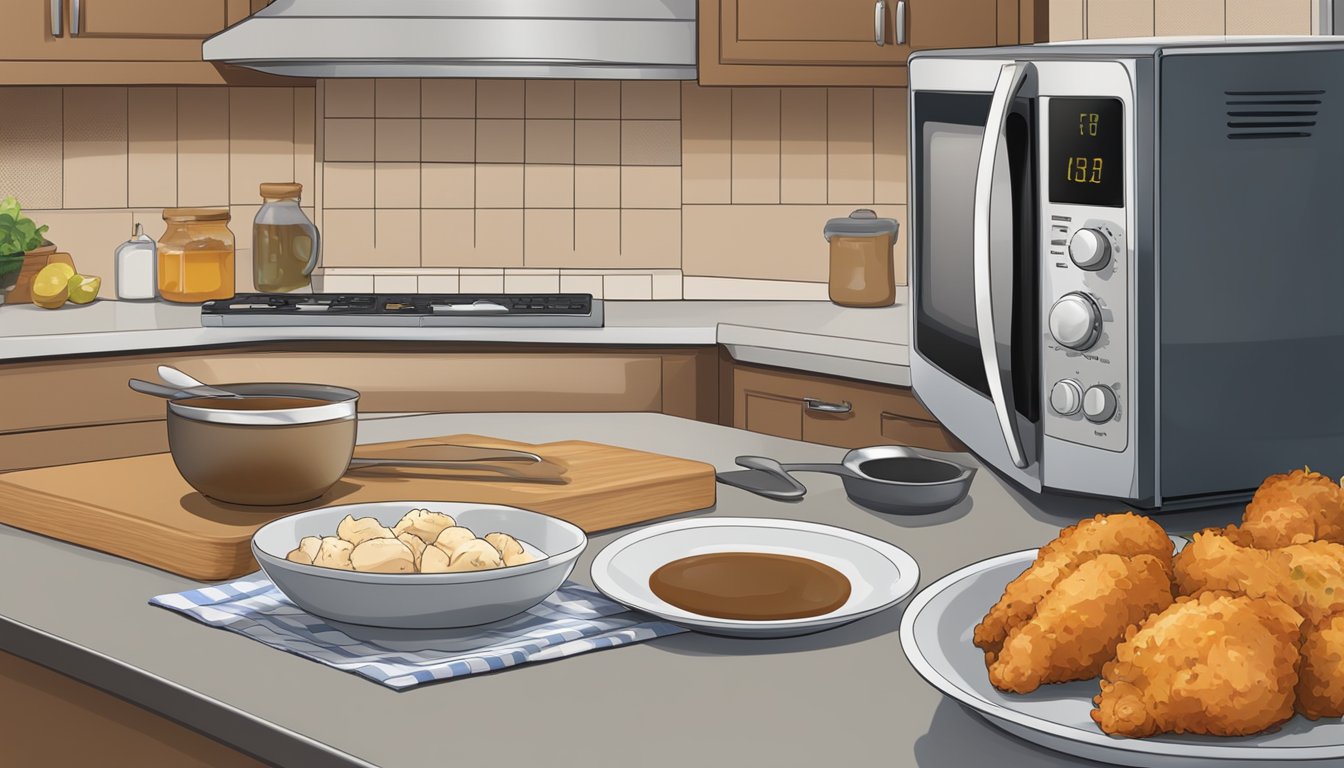 A kitchen counter with a timer set next to a plate of chicken and gravy bites. A microwave and oven in the background