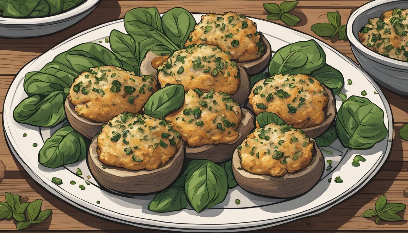 A plate of chicken and spinach stuffed mushrooms sits on a wooden table, surrounded by fresh herbs and spices. The mushrooms appear golden brown and are garnished with a sprinkle of parmesan cheese