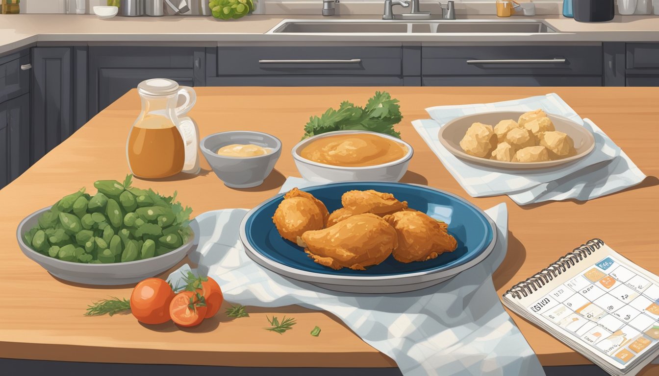 A plate of chicken and gravy bites sits on a kitchen counter, surrounded by various ingredients and a calendar showing expiration dates