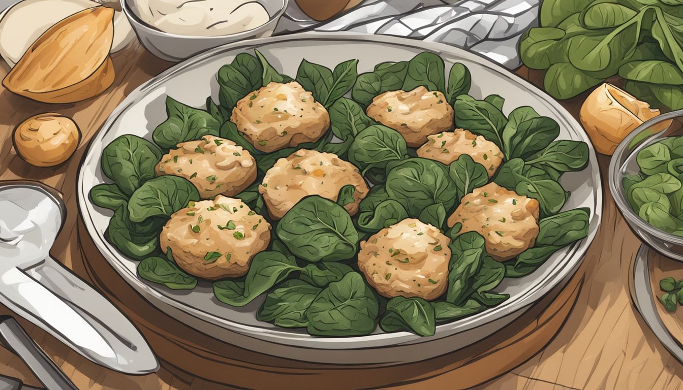 A plate of chicken and spinach stuffed mushrooms sits on a kitchen counter, surrounded by fresh ingredients. The mushrooms are plump and inviting, waiting to be enjoyed