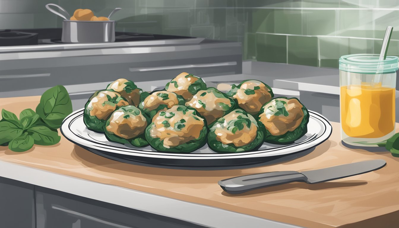 A plate of chicken and spinach stuffed mushrooms sits on a kitchen counter, covered with a clear plastic wrap. The mushrooms are fresh and vibrant, ready to be enjoyed