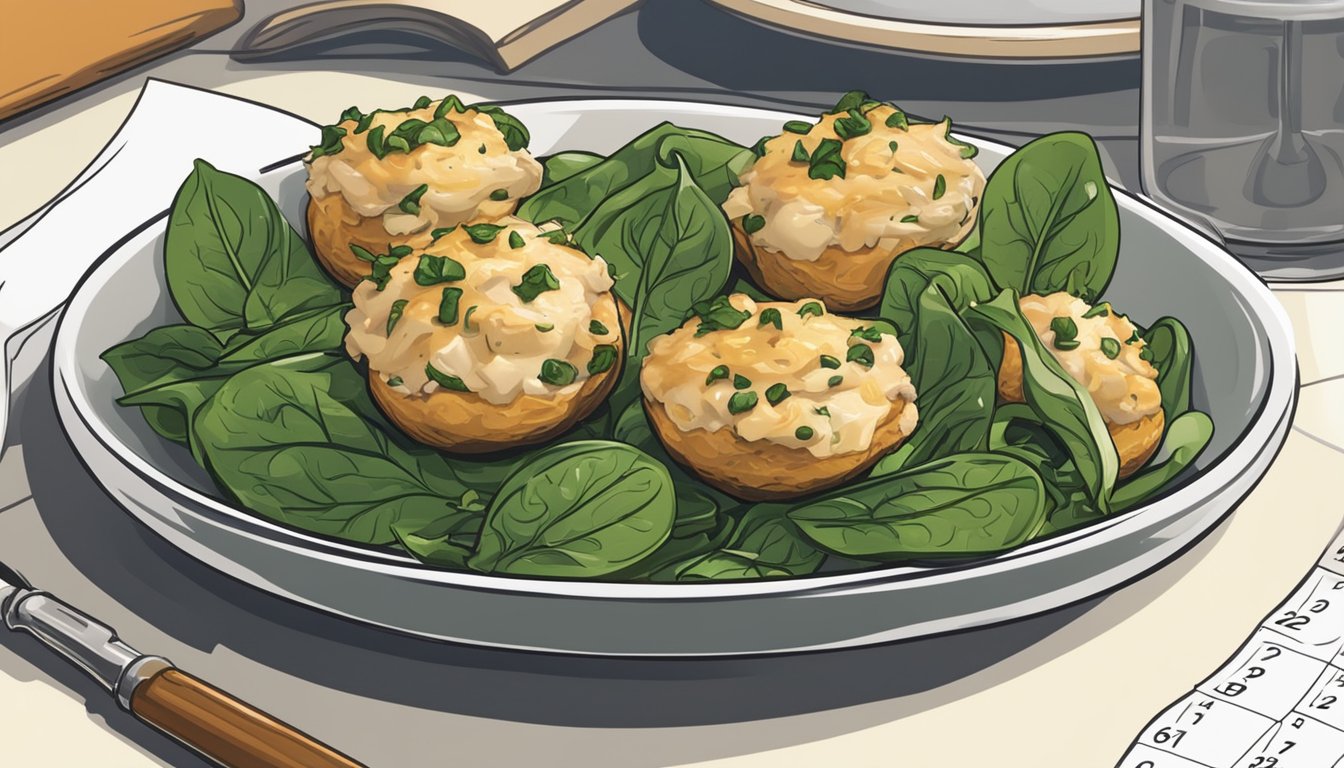 A plate of chicken and spinach stuffed mushrooms with a calendar in the background, indicating the passage of time