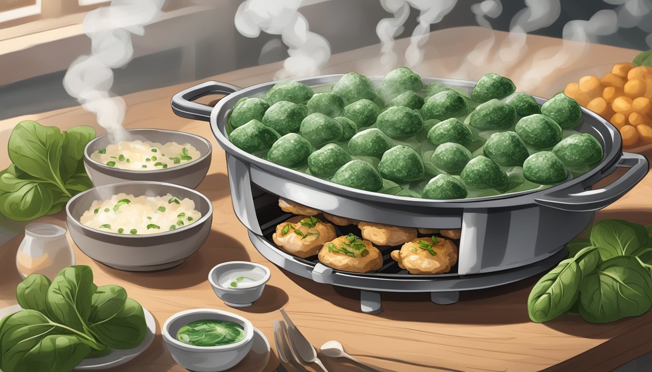 A plate of chicken and spinach stuffed mushrooms sits on a table, surrounded by steam rising from the hot food