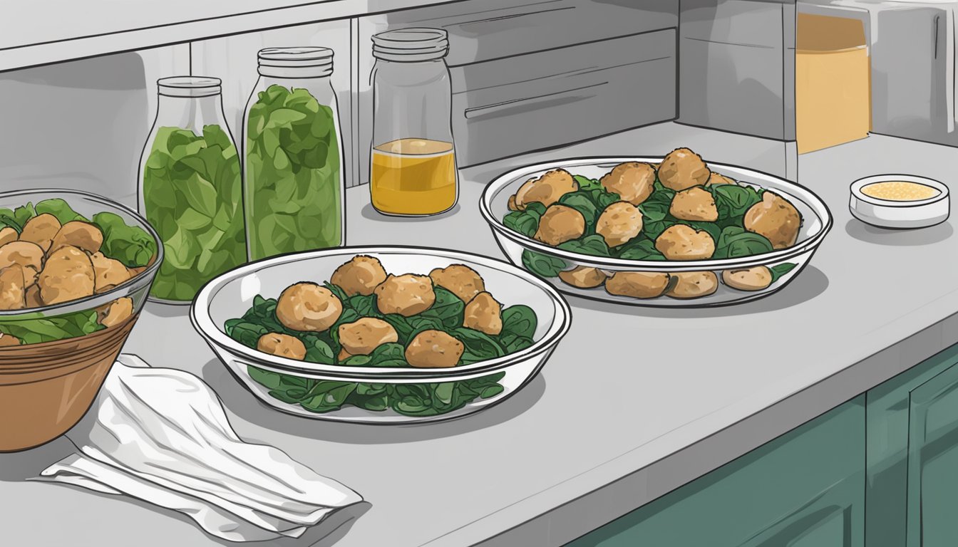 A plate of chicken and spinach stuffed mushrooms sits on a kitchen counter next to a container of leftovers. The mushrooms are covered in a plastic wrap, and a date is written on the container