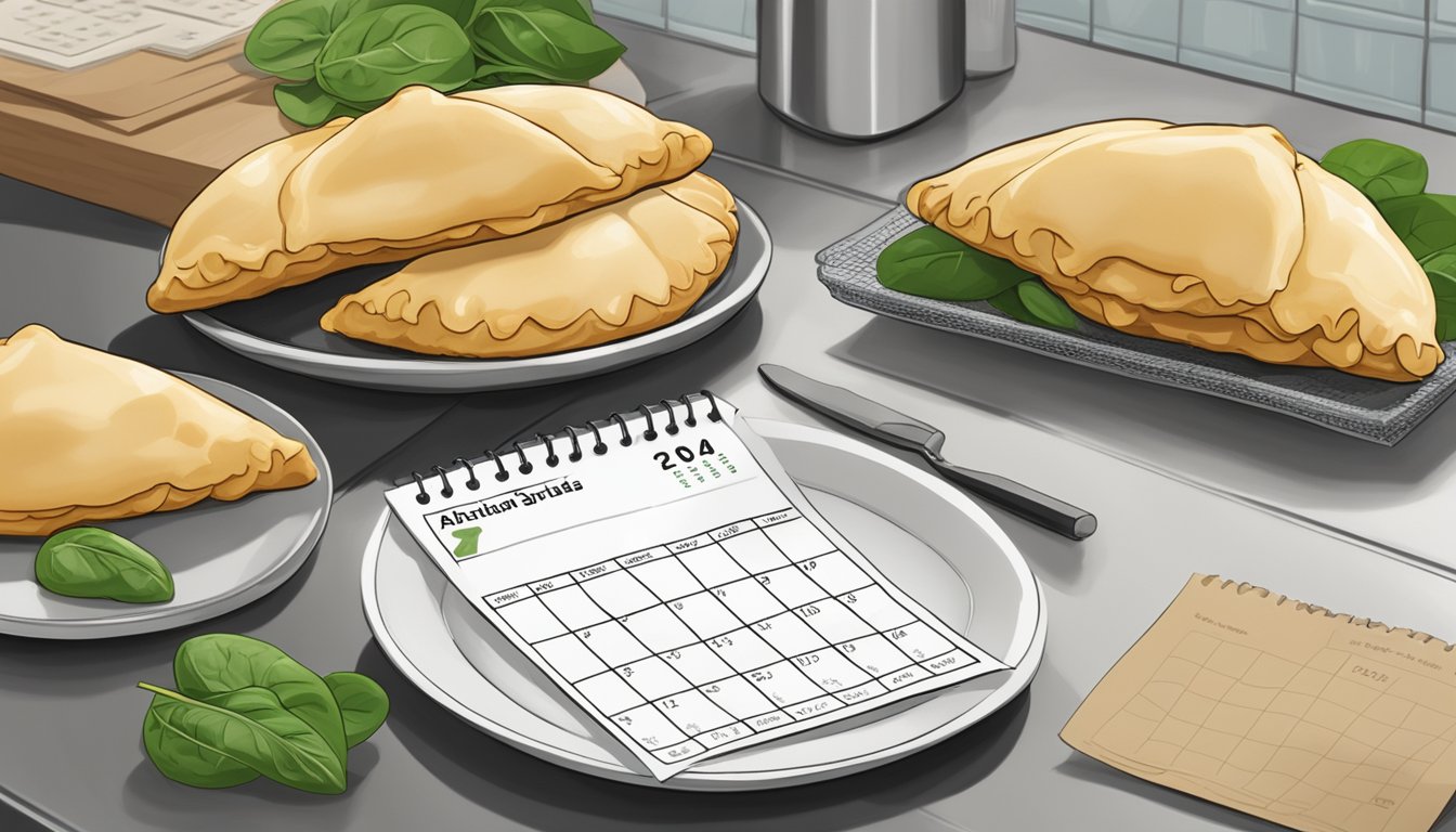 A plate of chicken and spinach empanadas sits on a kitchen counter, with a calendar in the background showing the current date and the expiration date marked on the packaging