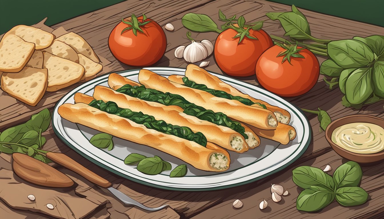 A plate of chicken and spinach stuffed breadsticks sits on a rustic wooden table, surrounded by fresh ingredients like tomatoes, garlic, and herbs