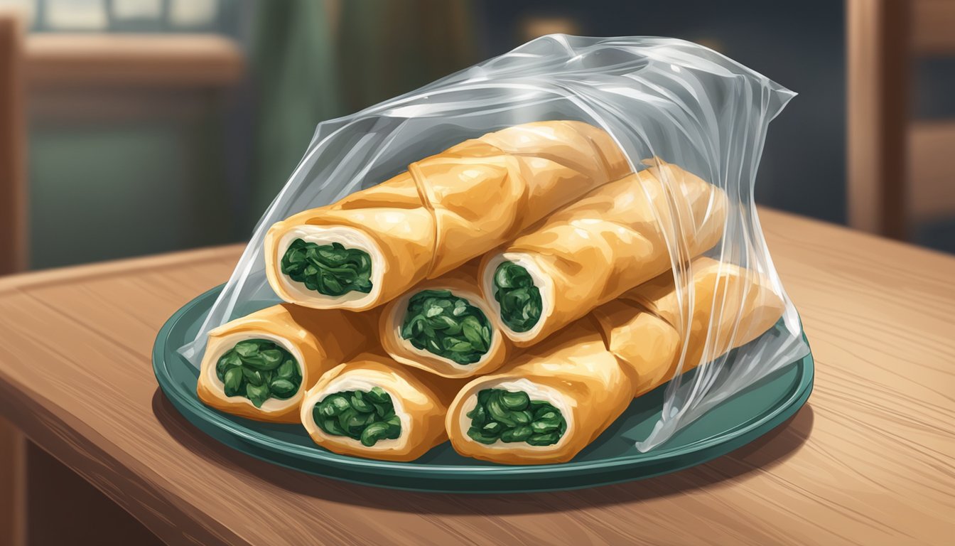 A plate of chicken and spinach stuffed breadsticks sits on a wooden table, covered with a clear plastic wrap to preserve freshness