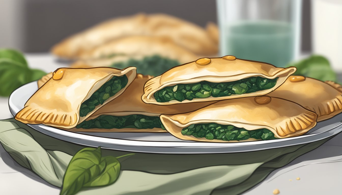 A plate of chicken and spinach empanadas sits on a countertop, covered with a clear plastic wrap to keep them fresh