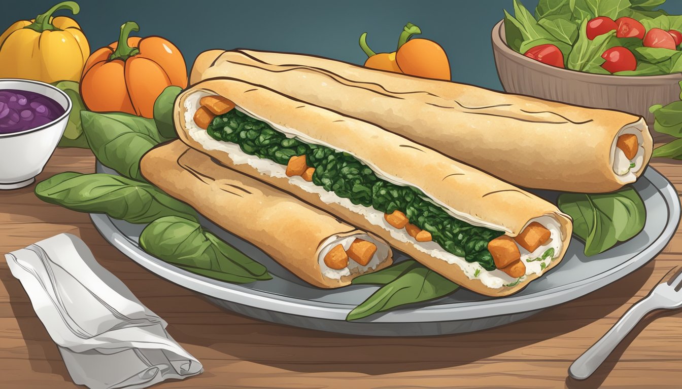 A plate of freshly baked chicken and spinach stuffed breadsticks, surrounded by various vegetables and a nutrition label