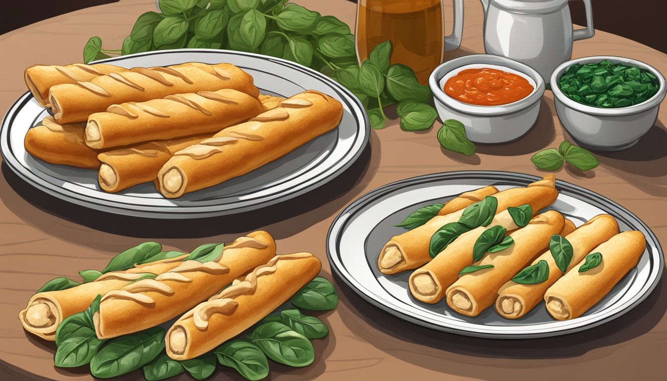 A platter of golden-brown stuffed breadsticks surrounded by fresh spinach and juicy chicken, with a side of marinara sauce for dipping