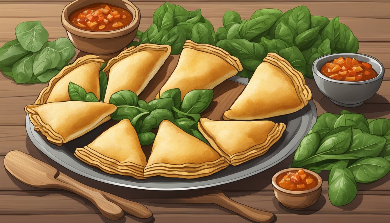 Golden-brown chicken and spinach empanadas on a rustic wooden serving platter, surrounded by vibrant green spinach leaves and colorful salsa in small bowls