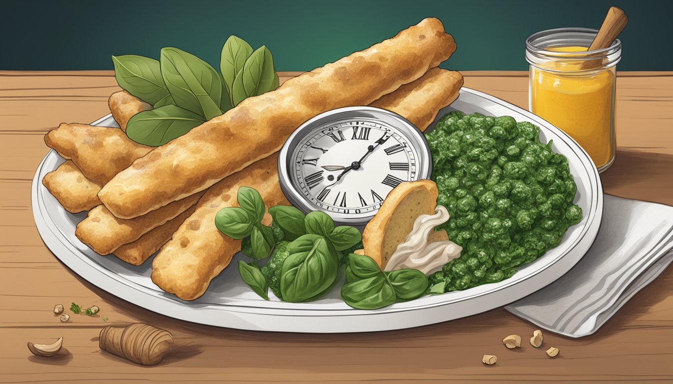 A plate of chicken and spinach stuffed breadsticks surrounded by a variety of herbs and spices, with a clock in the background indicating the passage of time