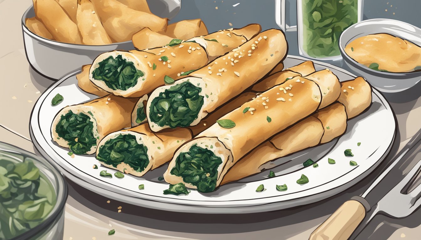 A plate of chicken and spinach stuffed breadsticks sits on a kitchen counter, surrounded by a few remaining crumbs