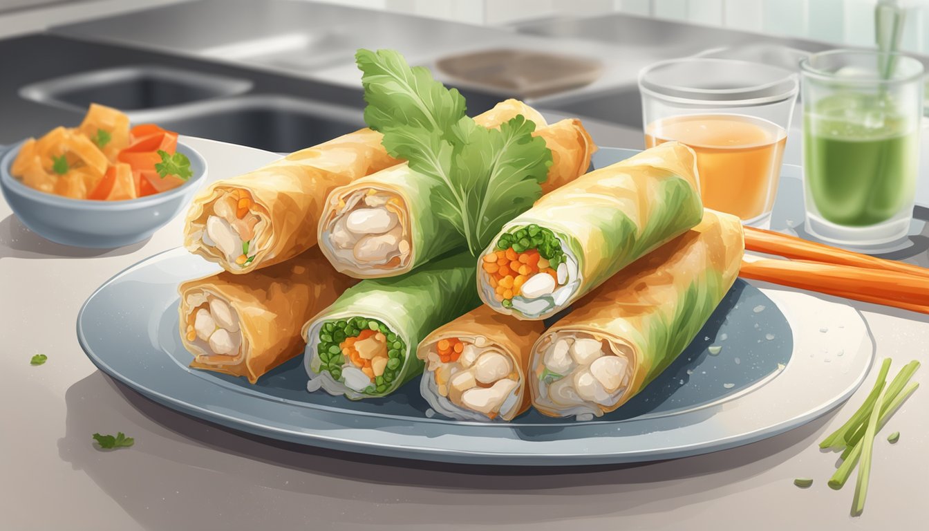 A plate of chicken and vegetable spring rolls sits on a kitchen counter, surrounded by condensation and mold