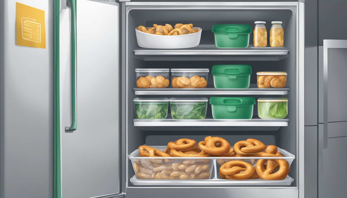 Airtight container with labeled chicken and spinach stuffed pretzels on a shelf, alongside a refrigerator and freezer