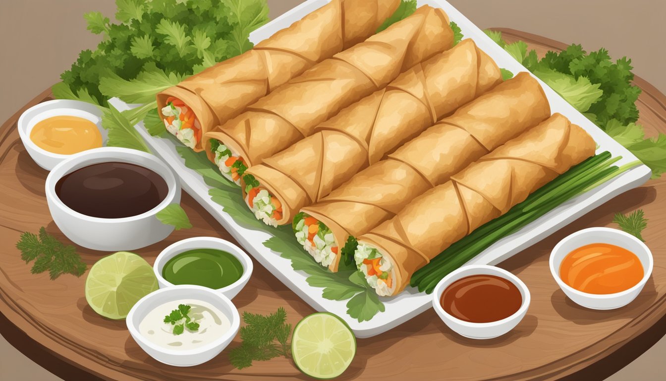 A plate of chicken and vegetable spring rolls with dipping sauce, surrounded by fresh herbs and sliced vegetables, on a wooden serving platter