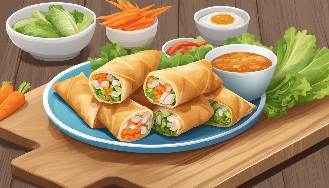 A plate of chicken and vegetable spring rolls sits on a wooden cutting board, surrounded by colorful ingredients such as lettuce, carrots, and herbs