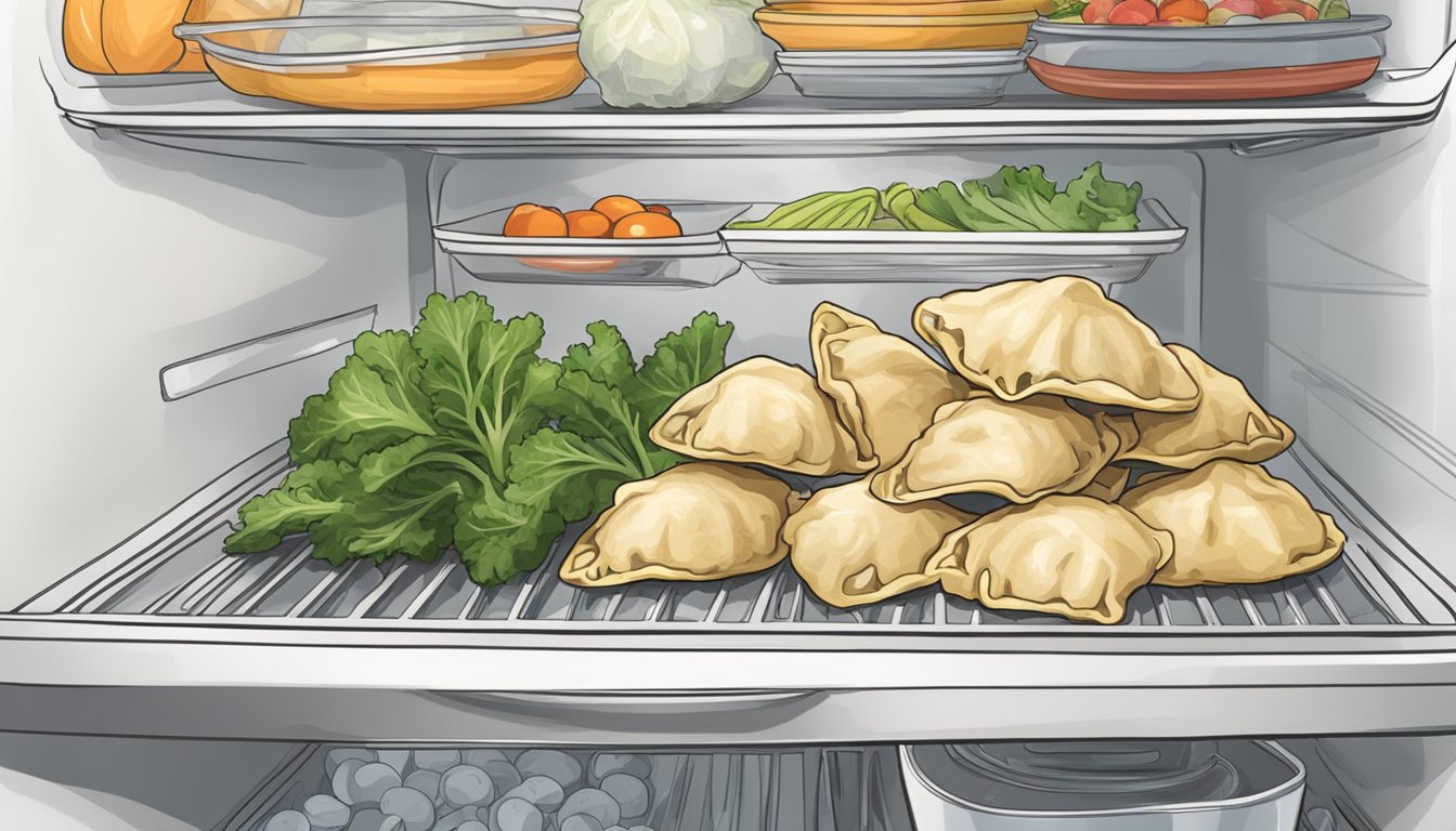 A container of potstickers sits in a refrigerator next to fresh vegetables. A label with expiration date is visible