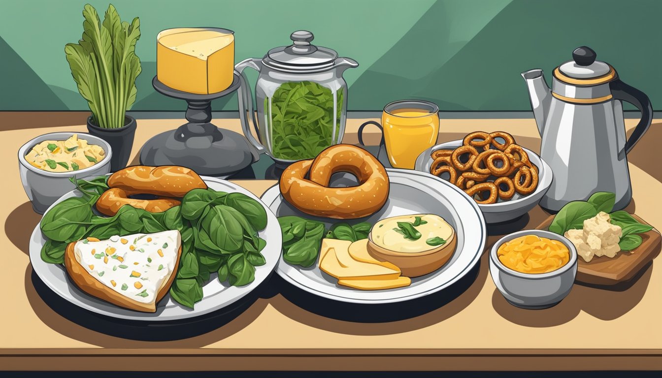 A kitchen counter with a plate of stuffed pretzels surrounded by fresh ingredients like chicken, spinach, and cheese. A clock on the wall shows the passage of time