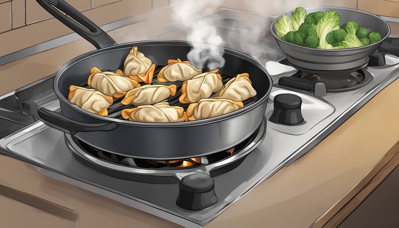 A steaming pot of chicken and vegetable potstickers on a sizzling hot pan