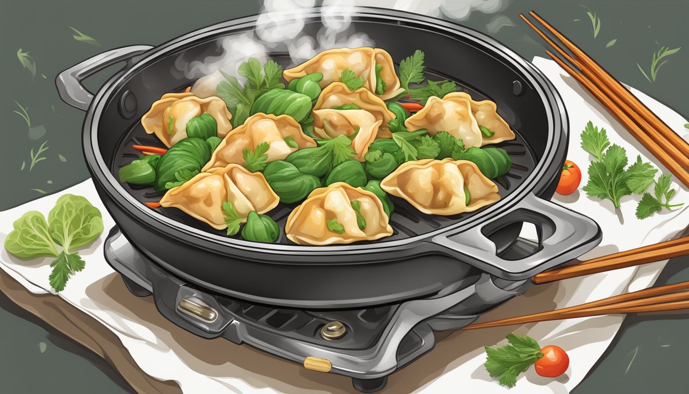 A sizzling skillet of potstickers, steam rising, surrounded by fresh vegetables and aromatic herbs