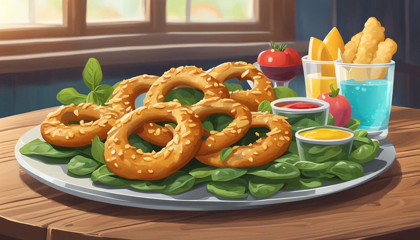 A plate of chicken and spinach stuffed pretzels sits on a wooden table, surrounded by a variety of colorful condiments and a glass of water