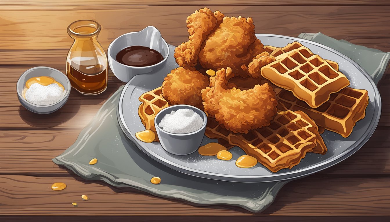 A plate of crispy fried chicken and fluffy waffles sits on a rustic wooden table, drizzled with maple syrup and sprinkled with powdered sugar