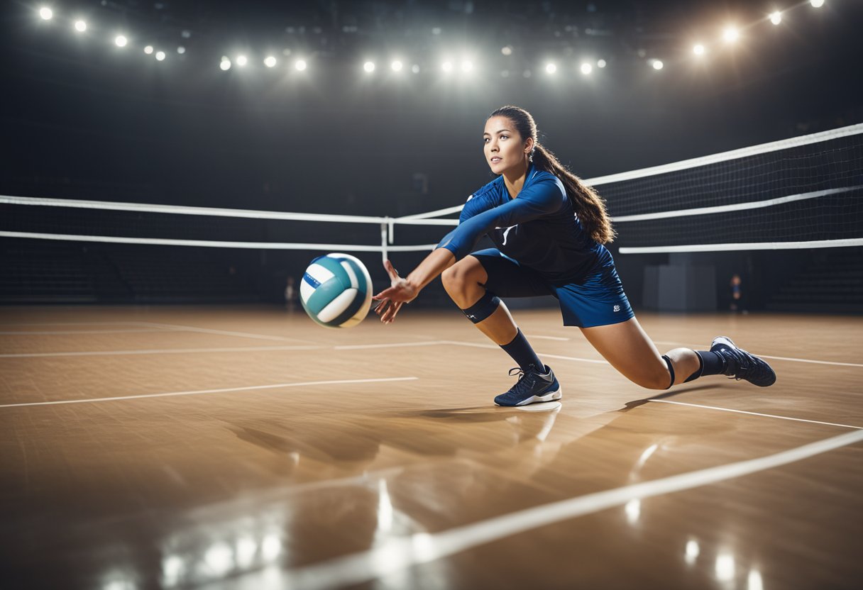 A player digs a volleyball mid-air, arms outstretched, ready to receive the ball