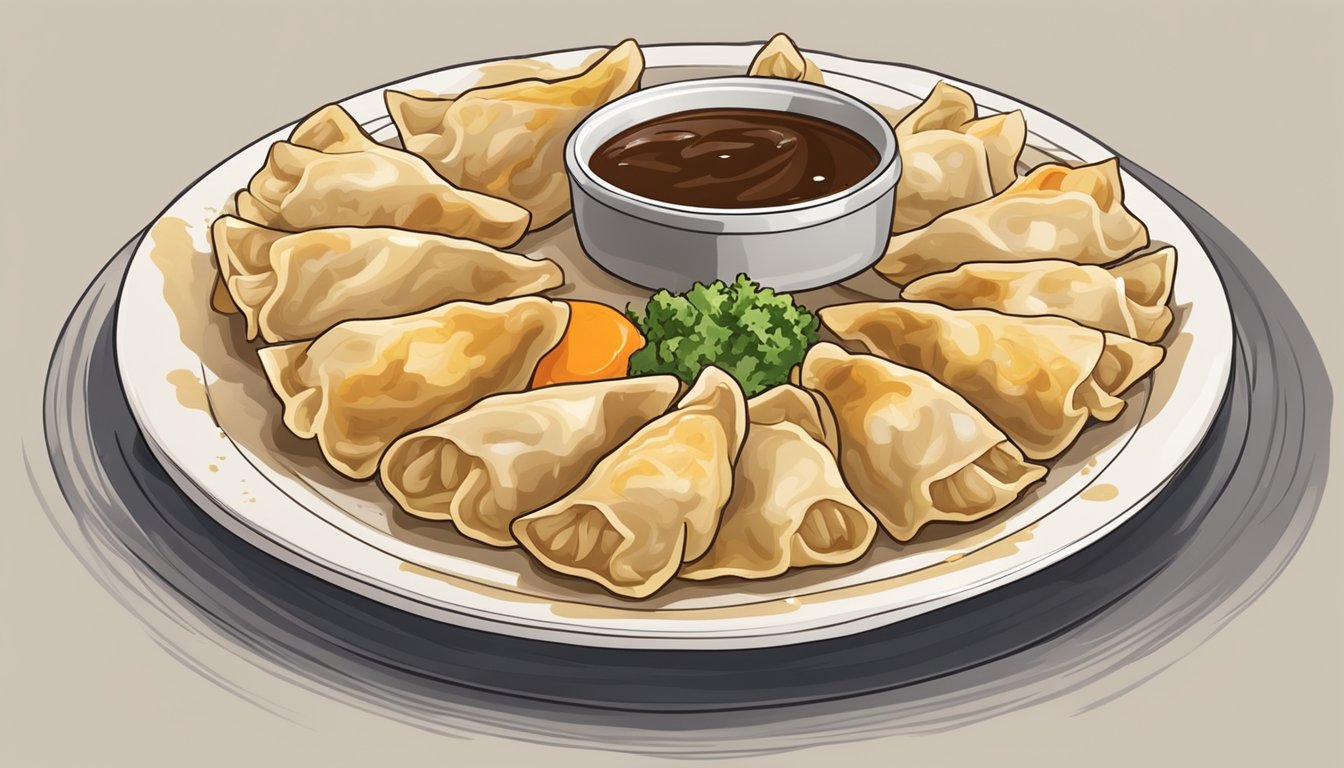 A plate of potstickers, half chicken and half vegetable, arranged in a circular pattern with a dipping sauce in the center