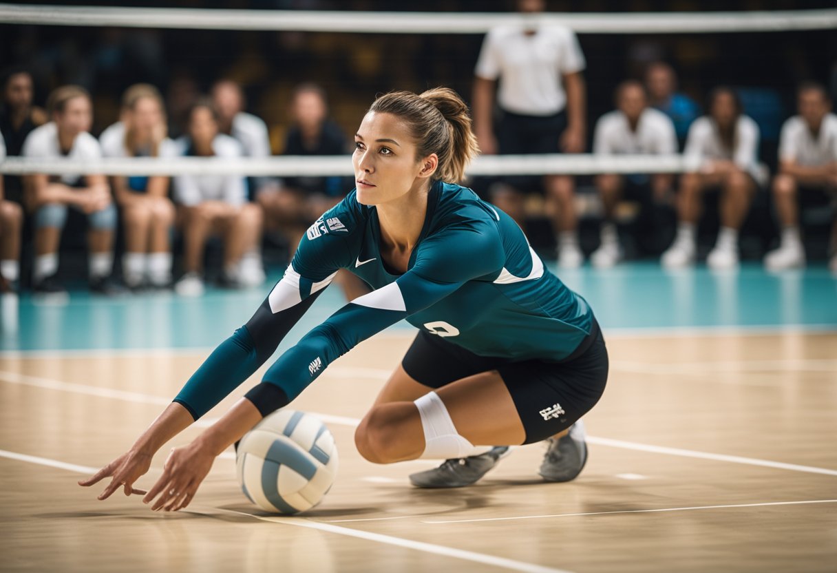 A volleyball player performing a dig, crouched low with arms extended, ready to receive the incoming ball