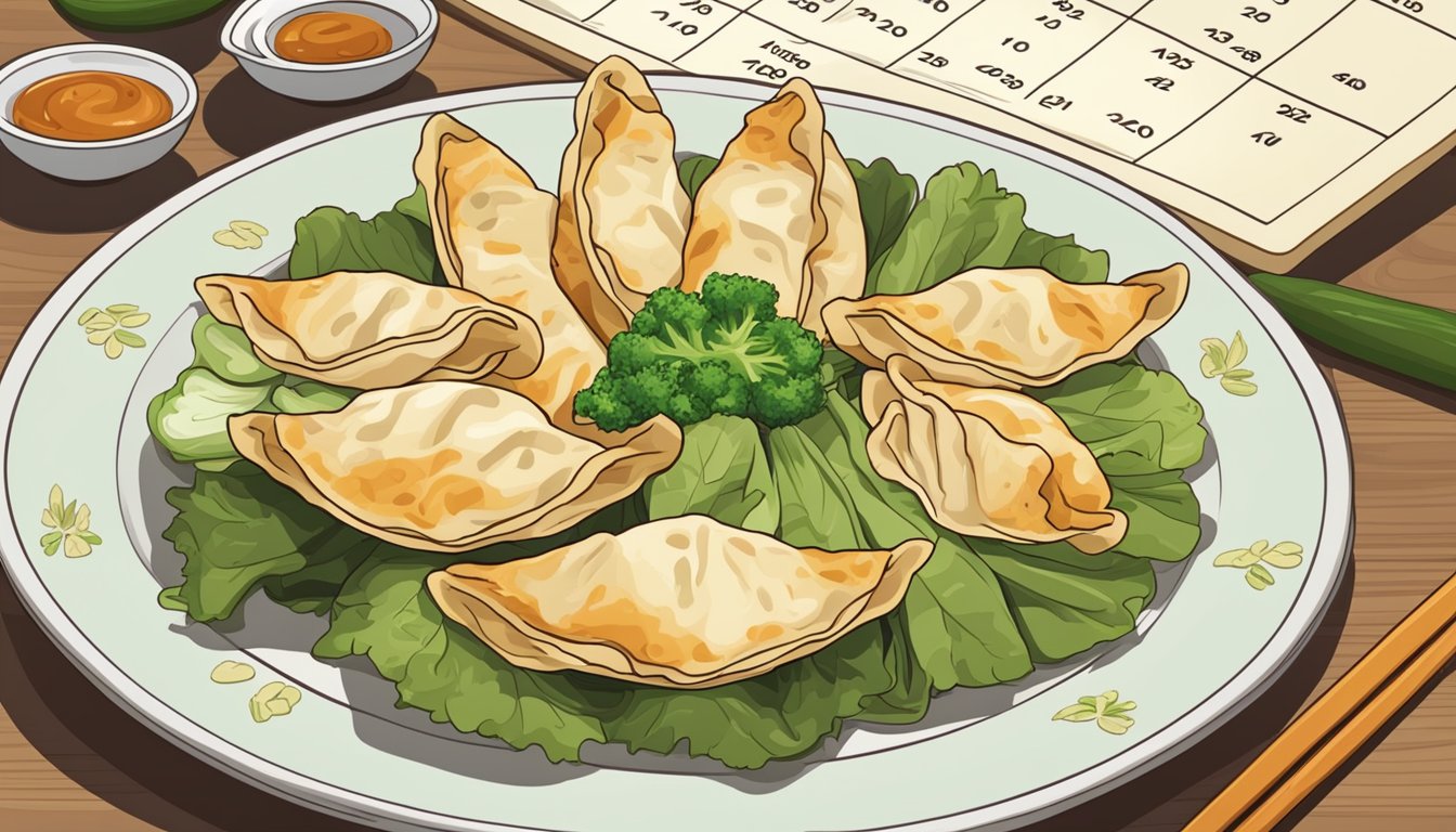 A plate of potstickers and vegetables with a calendar showing the date of purchase and expiration