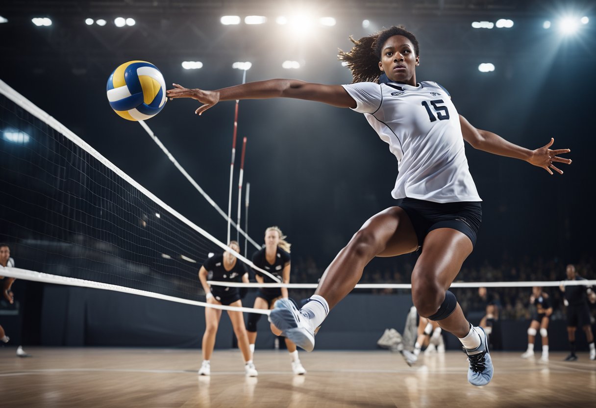 A volleyball player lunges forward, arms outstretched, to intercept the incoming ball with a controlled, upward motion