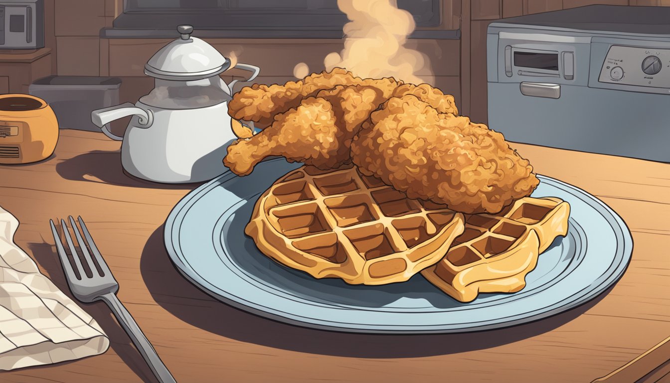 A plate of chicken and waffles sits on a table, covered in steam. A microwave timer reads "0:30."